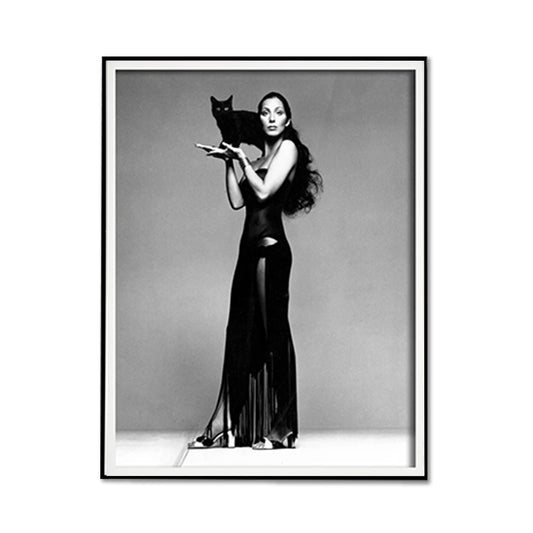 Wall Art 90cmx135cm Cher Music Black and White, Black Frame Canvas