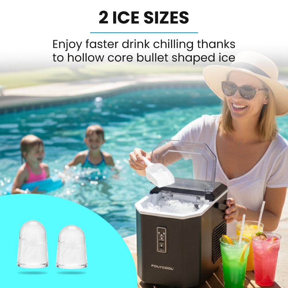 POLYCOOL Portable Ice Maker Machine, Automatic, 12kg/day,  Auto Clean, with Scoop and Removable Basket, Black