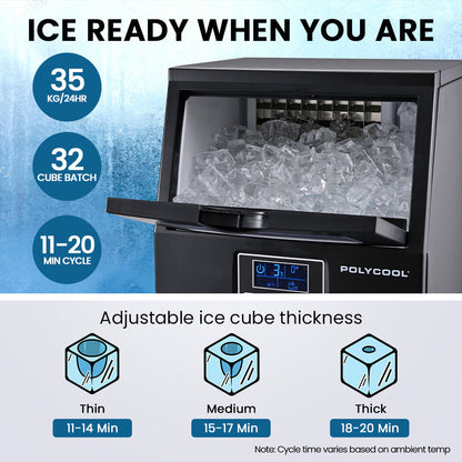 POLYCOOL Commercial Ice Maker Machine, up to 35kg/24hr, Timer & Self Cleaning Programs