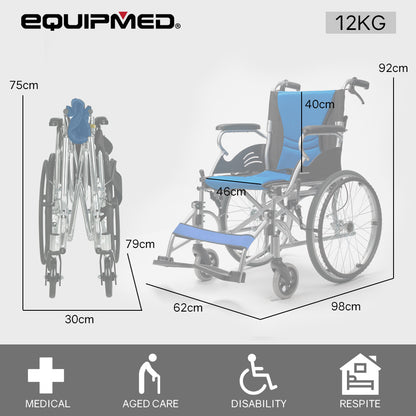 EQUIPMED Folding Aluminium Wheelchair, 20" Wheels, Park Brakes, 100kg Capacity, Blue