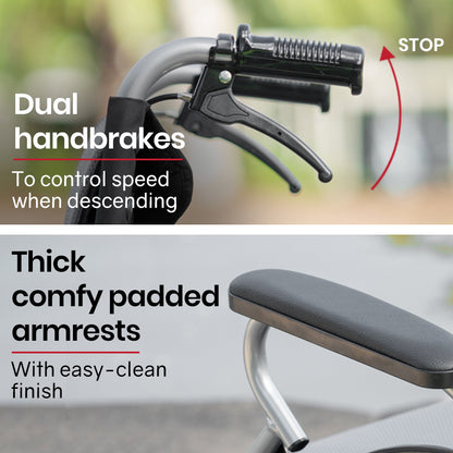 EQUIPMED Folding Aluminium Wheelchair, 20" Wheels, Park Brakes, 100kg Capacity, Grey/Black