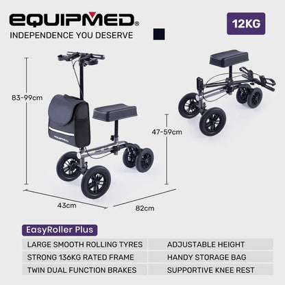 EQUIPMED Knee Scooter Walker, 10 inch Tyres Dual Brakes Bag - Broken Leg Ankle Foot Mobility - Crutches Alternative - Titanium colour
