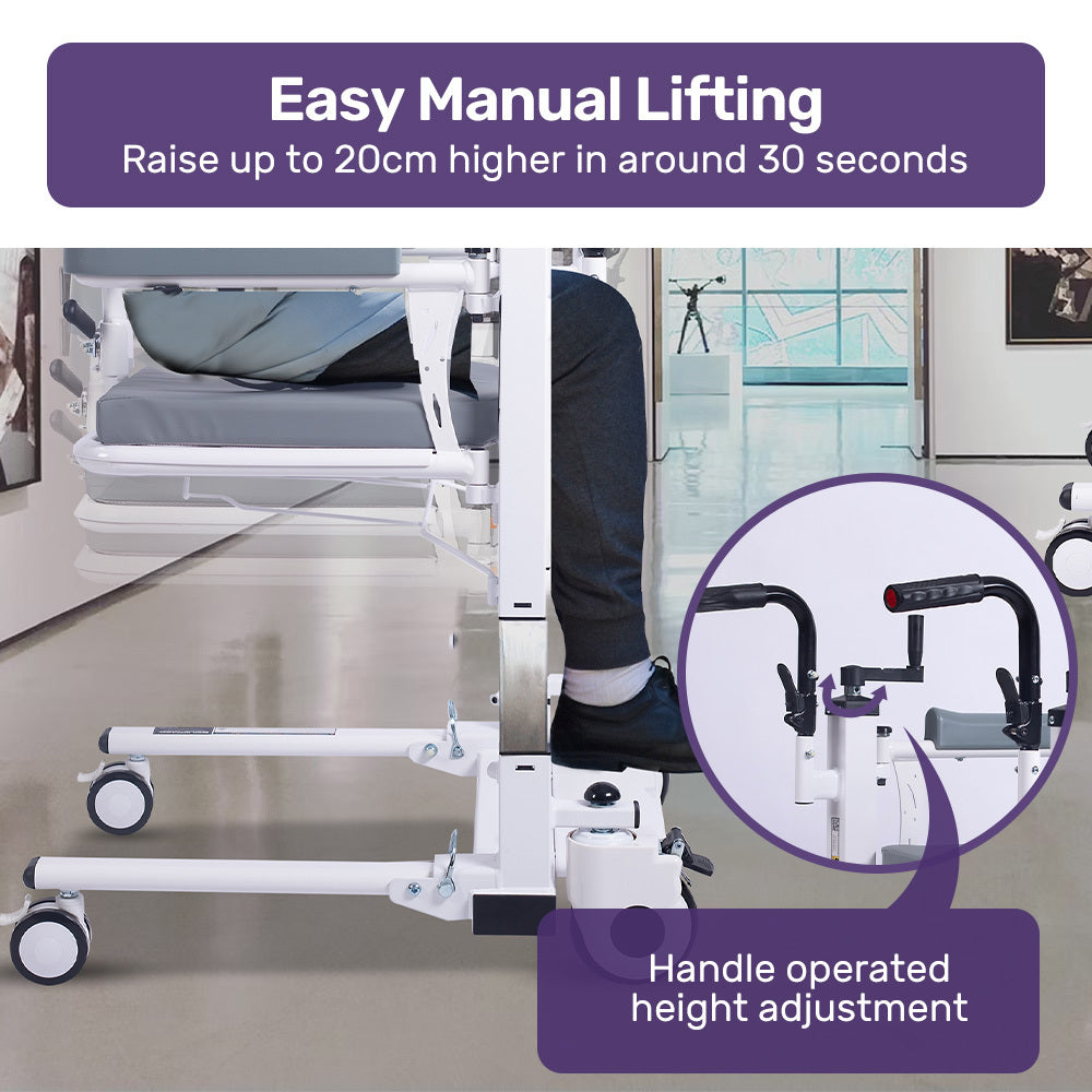 EQUIPMED 4in1 Patient Lift Transfer Chair, Manual Height Adjustment, Shower Compatible, Over Toilet, Removable Commode, for Seniors Elderly Disabled