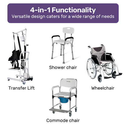 EQUIPMED 4in1 Patient Lift Transfer Chair, Manual Height Adjustment, Shower Compatible, Over Toilet, Removable Commode, for Seniors Elderly Disabled