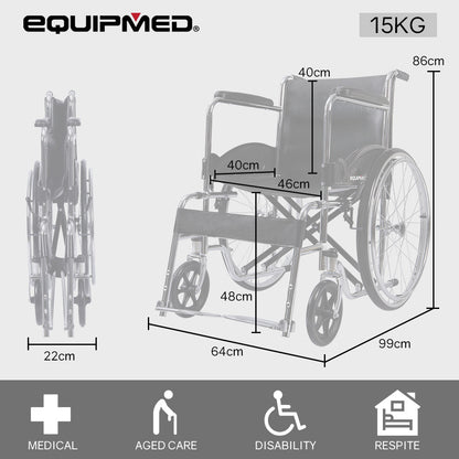 Equipmed Folding Manual Wheelchair Self Propelled, 24" Rear Wheels, Chrome Steel Frame, 46cm Wide Seat, 100kg Capacity, Park Brakes