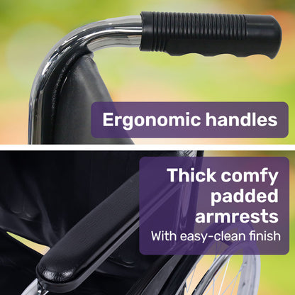 Equipmed Folding Manual Wheelchair Self Propelled, 24" Rear Wheels, Chrome Steel Frame, 46cm Wide Seat, 100kg Capacity, Park Brakes