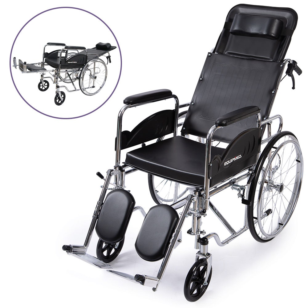 Equipmed Folding Manual Reclining Wheelchair Self Propelled, 24" Rear Wheels, Chrome Steel Frame, 46cm Wide Seat, 100kg Capacity, Park Brakes