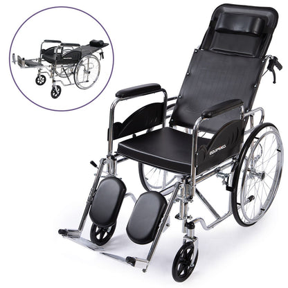 Equipmed Folding Manual Reclining Wheelchair Self Propelled, 24" Rear Wheels, Chrome Steel Frame, 46cm Wide Seat, 100kg Capacity, Park Brakes