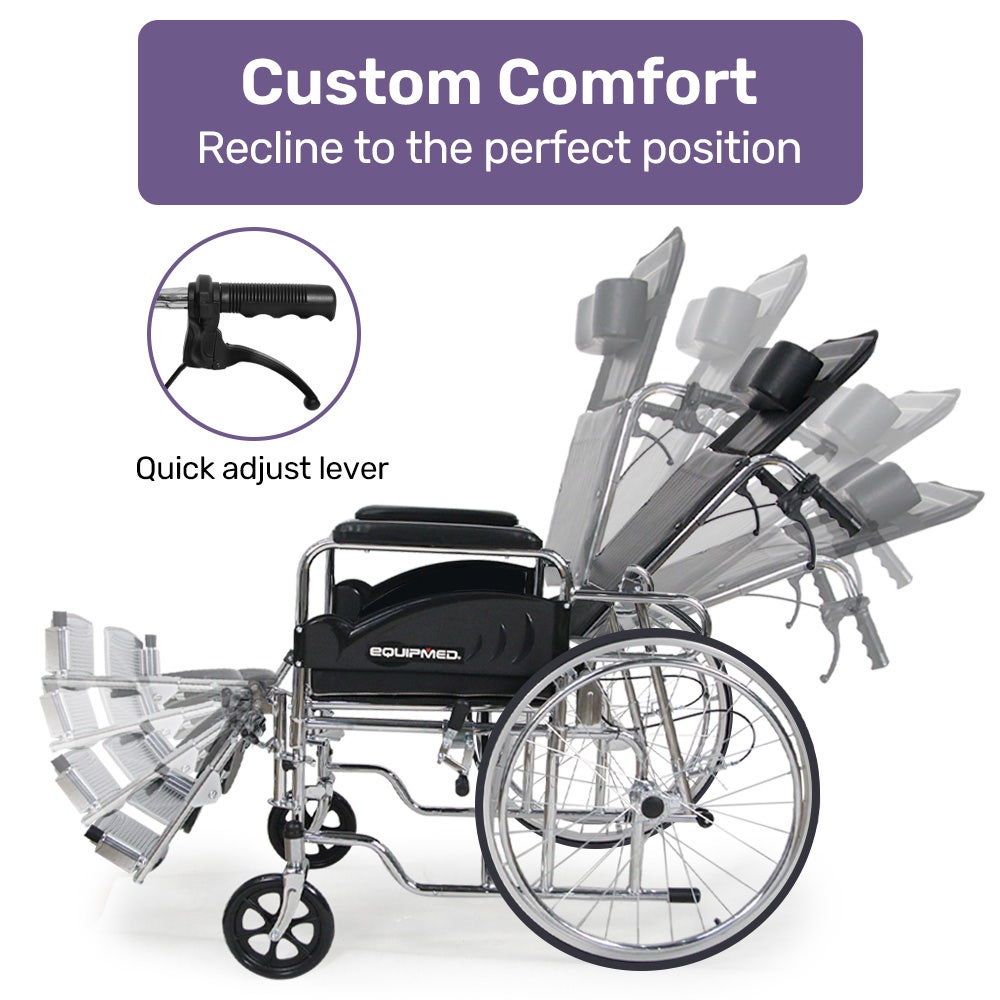 Equipmed Folding Manual Reclining Wheelchair Self Propelled, 24" Rear Wheels, Chrome Steel Frame, 46cm Wide Seat, 100kg Capacity, Park Brakes