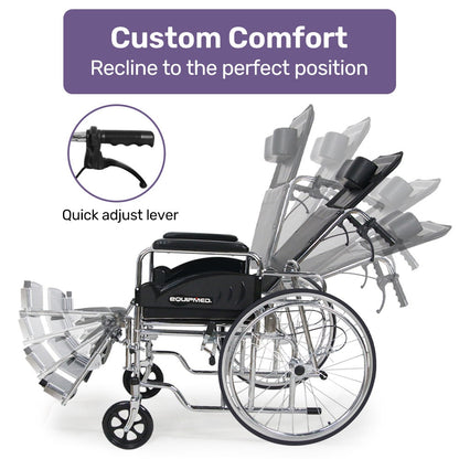 Equipmed Folding Manual Reclining Wheelchair Self Propelled, 24" Rear Wheels, Chrome Steel Frame, 46cm Wide Seat, 100kg Capacity, Park Brakes