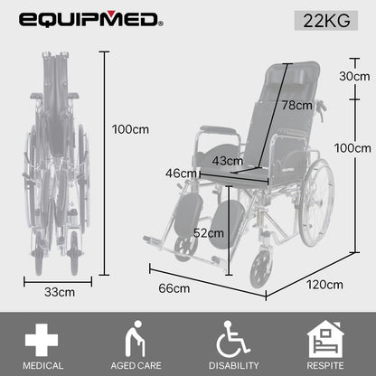Equipmed Folding Manual Reclining Wheelchair Self Propelled, 24" Rear Wheels, Chrome Steel Frame, 46cm Wide Seat, 100kg Capacity, Park Brakes