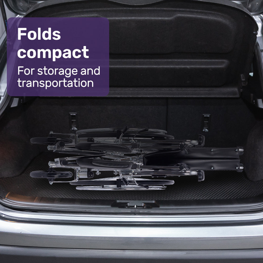 Equipmed Folding Manual Reclining Wheelchair Self Propelled, 24" Rear Wheels, Chrome Steel Frame, 46cm Wide Seat, 100kg Capacity, Park Brakes