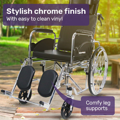 Equipmed Folding Manual Reclining Wheelchair Self Propelled, 24" Rear Wheels, Chrome Steel Frame, 46cm Wide Seat, 100kg Capacity, Park Brakes