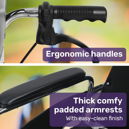 Equipmed Folding Manual Reclining Wheelchair Self Propelled, 24" Rear Wheels, Chrome Steel Frame, 46cm Wide Seat, 100kg Capacity, Park Brakes