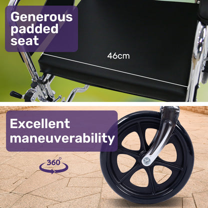 Equipmed Folding Manual Reclining Wheelchair Self Propelled, 24" Rear Wheels, Chrome Steel Frame, 46cm Wide Seat, 100kg Capacity, Park Brakes