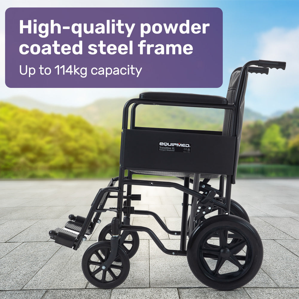 EQUIPMED Folding Transit Manual Wheelchair, Attendant Propelled, Steel Frame, Wide Seat, Comfortable for S-XL, 114kg Capacity, Park Brakes, Transport