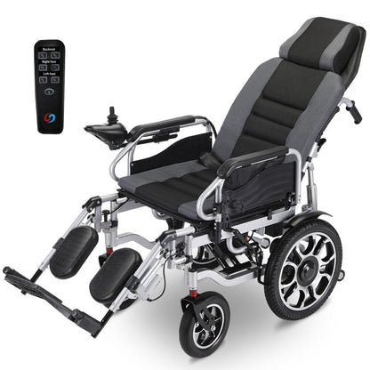 EQUIPMED Power Electric Wheelchair, Long Range, Auto Recline, Lithium Battery, 16" Rear Wheels, Headrest, Folding, Grey/Black