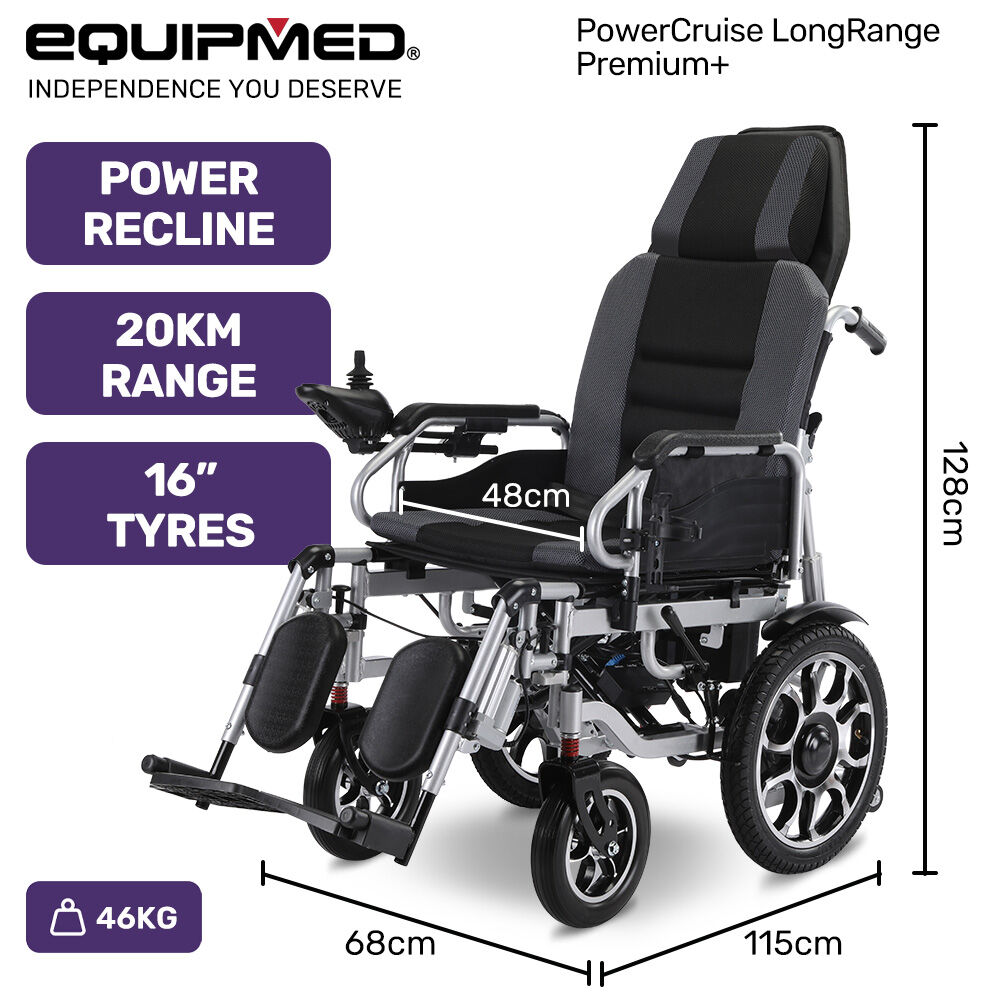 EQUIPMED Power Electric Wheelchair, Long Range, Auto Recline, Lithium Battery, 16" Rear Wheels, Headrest, Folding, Grey/Black