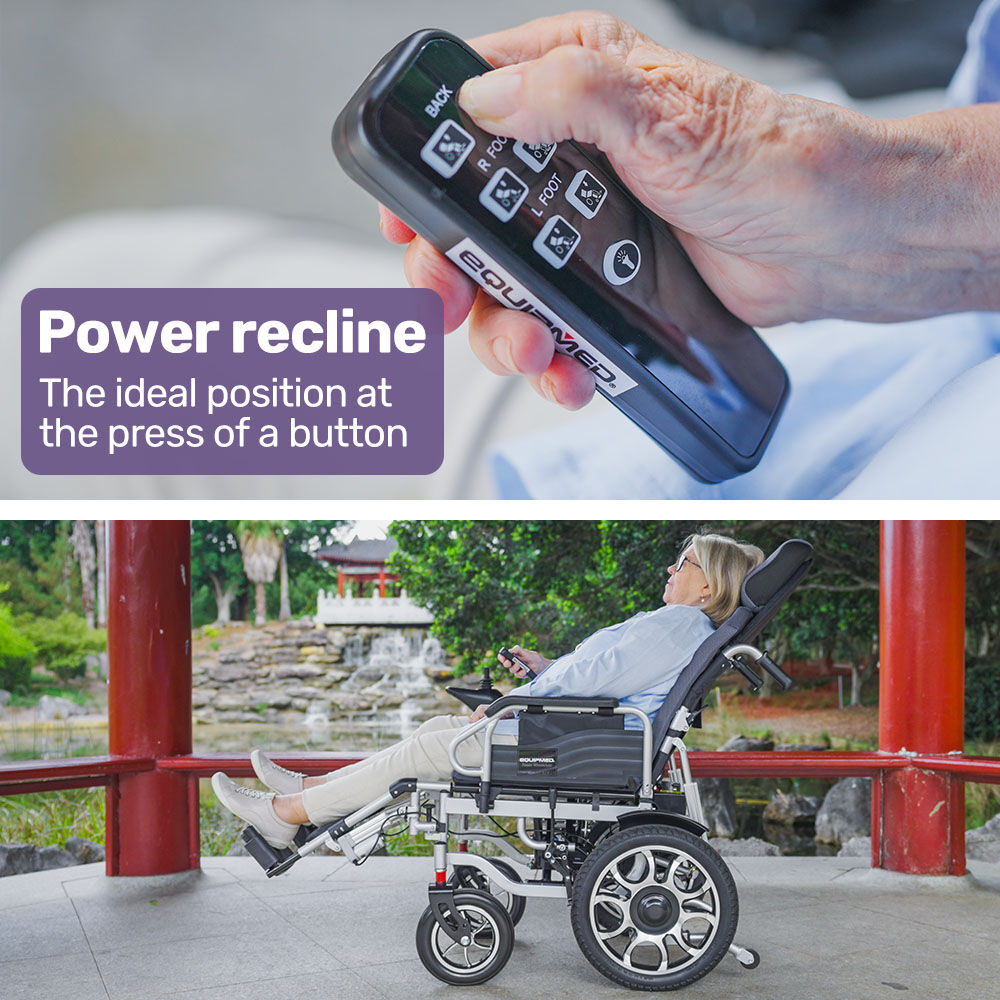 EQUIPMED Power Electric Wheelchair, Long Range, Auto Recline, Lithium Battery, 16" Rear Wheels, Headrest, Folding, Grey/Black