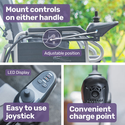 EQUIPMED Power Electric Wheelchair, Long Range, Auto Recline, Lithium Battery, 16" Rear Wheels, Headrest, Folding, Grey/Black