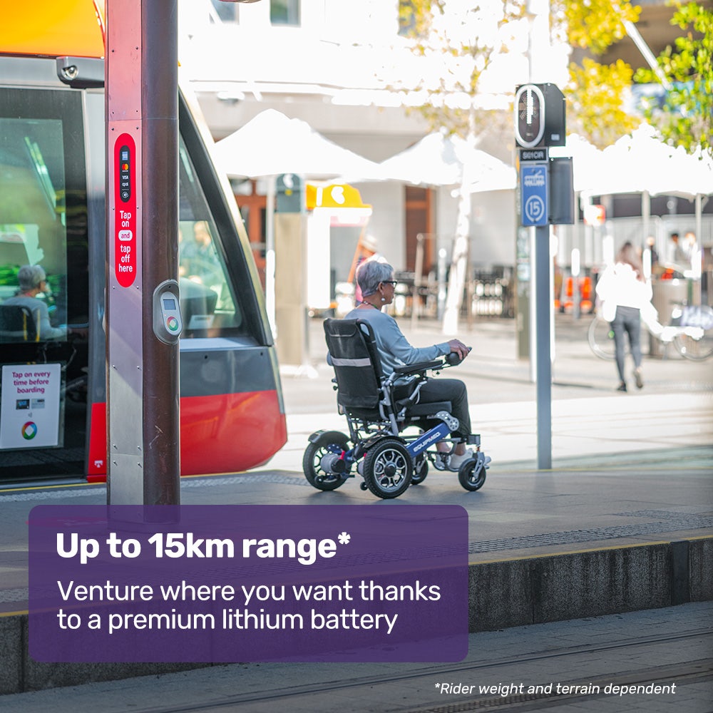 EQUIPMED Power Electric Wheelchair, Long Range, Airline Approved, Folding, Aluminium Frame, Lithium Battery, Blue