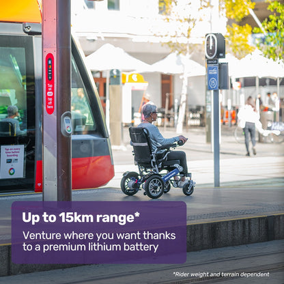 EQUIPMED Power Electric Wheelchair, Long Range, Airline Approved, Folding, Aluminium Frame, Lithium Battery, Blue