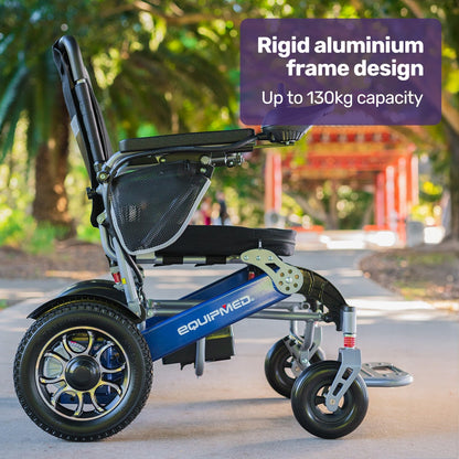 EQUIPMED Power Electric Wheelchair, Long Range, Airline Approved, Folding, Aluminium Frame, Lithium Battery, Blue