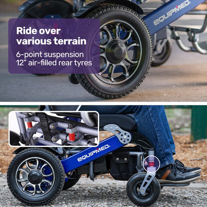 EQUIPMED Power Electric Wheelchair, Long Range, Airline Approved, Folding, Aluminium Frame, Lithium Battery, Blue