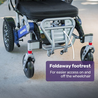 EQUIPMED Power Electric Wheelchair, Long Range, Airline Approved, Folding, Aluminium Frame, Lithium Battery, Blue
