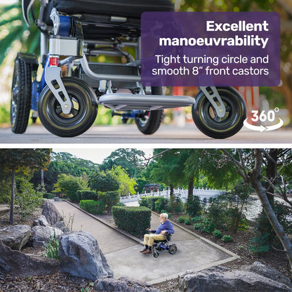 EQUIPMED Power Electric Wheelchair, Long Range, Airline Approved, Folding, Aluminium Frame, Lithium Battery, Blue