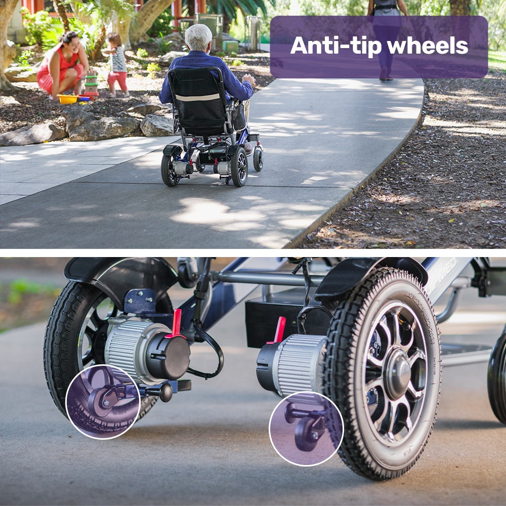 EQUIPMED Power Electric Wheelchair, Long Range, Airline Approved, Folding, Aluminium Frame, Lithium Battery, Blue