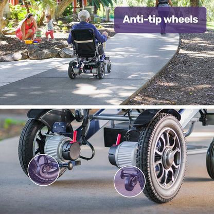 EQUIPMED Power Electric Wheelchair, Long Range, Airline Approved, Folding, Aluminium Frame, Lithium Battery, Blue