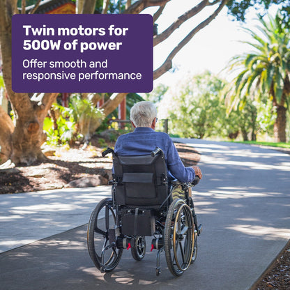 EQUIPMED Electric Wheelchair Folding, Folding, Long Range, Lithium Battery, 24" Rear Wheels, Black