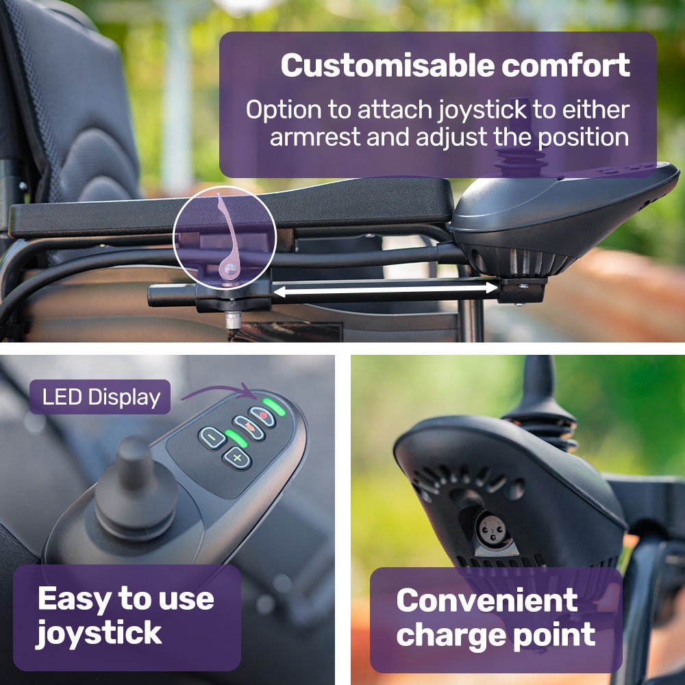 EQUIPMED Electric Wheelchair Folding, Folding, Long Range, Lithium Battery, 24" Rear Wheels, Black