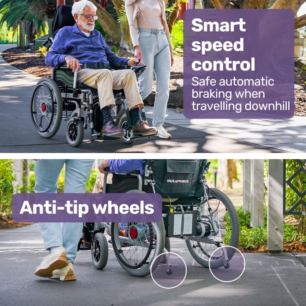 EQUIPMED Power Electric Wheelchair, XL Wide Bariatric Chair Seat, Long Range, Airline Approved, Recline Adjustment, Lithium Battery, 22" Wheels, Headrest, Black