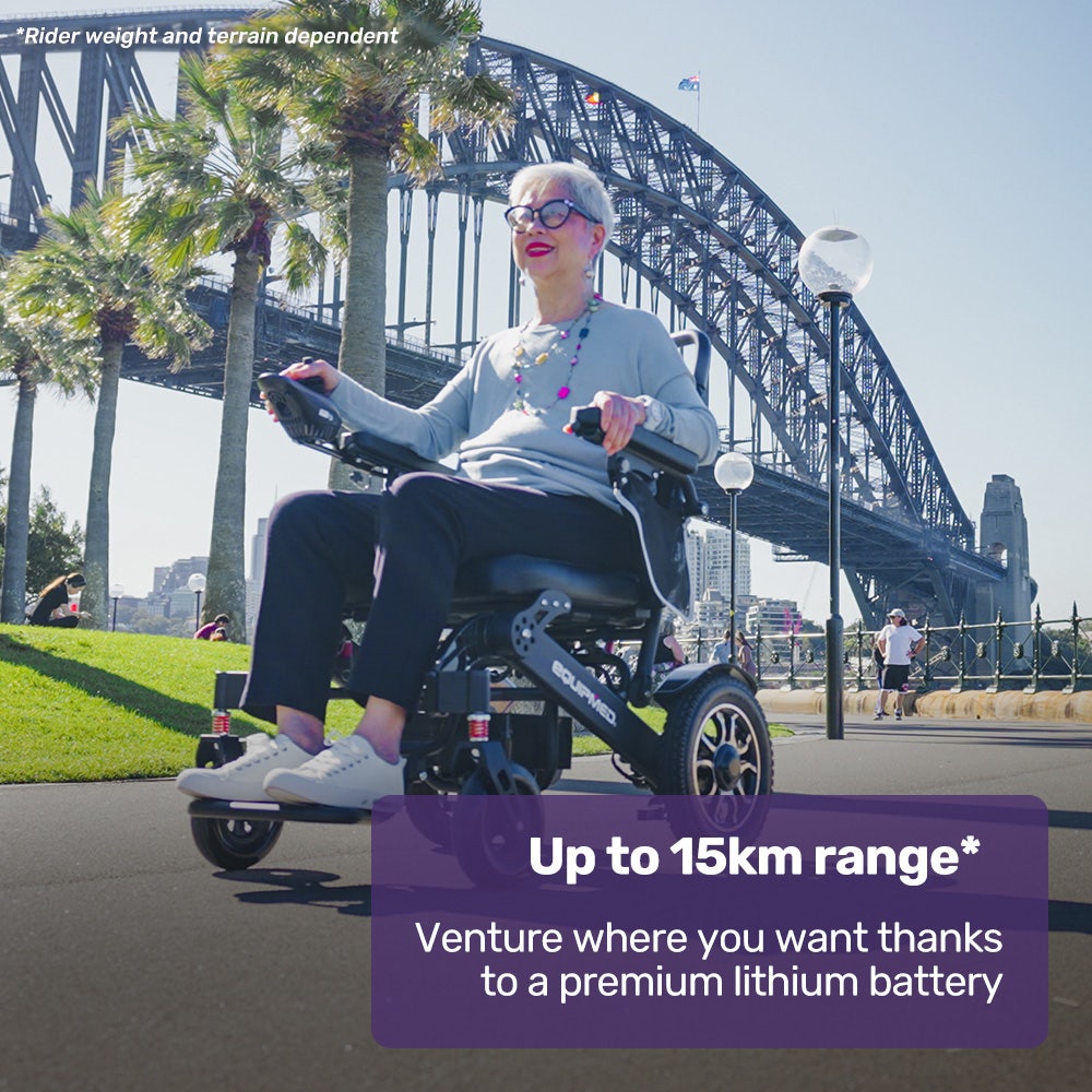 EQUIPMED Electric Folding Wheelchair, Long Range, Airline Approved, Aluminium Frame, Lithium Battery, Black