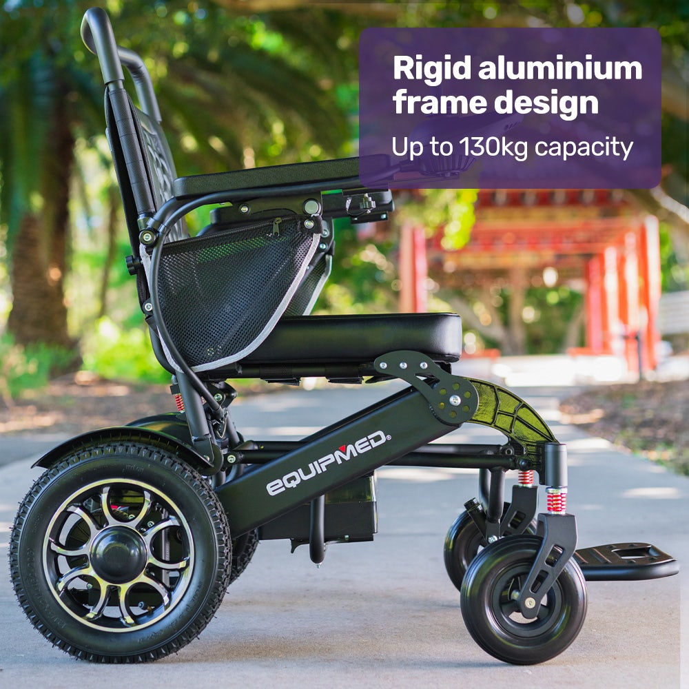 EQUIPMED Electric Folding Wheelchair, Long Range, Airline Approved, Aluminium Frame, Lithium Battery, Black
