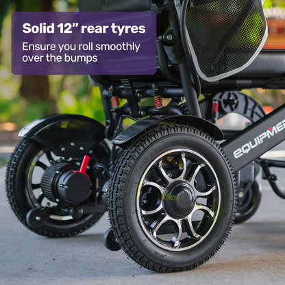 EQUIPMED Electric Folding Wheelchair, Long Range, Airline Approved, Aluminium Frame, Lithium Battery, Black