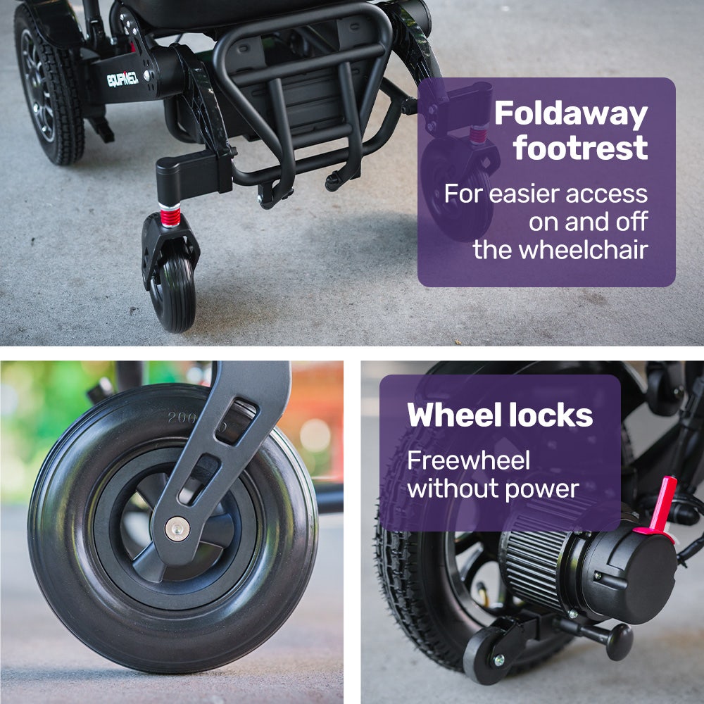 EQUIPMED Electric Folding Wheelchair, Long Range, Airline Approved, Aluminium Frame, Lithium Battery, Black