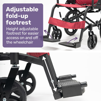 Equipmed Folding Transit Wheelchair, Lightweight Aluminium for Easy Transport, Crimson Red