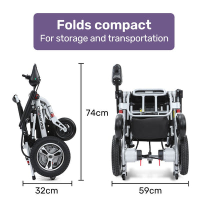 EQUIPMED Ultra-Light Power Wheelchair, Tight Turning, Airline Approved, Folding, ARTG Certified, Aluminium Frame, Lithium Battery, Grey