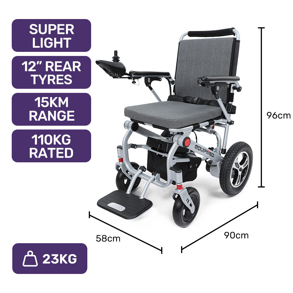 EQUIPMED Ultra-Light Power Wheelchair, Tight Turning, Airline Approved, Folding, ARTG Certified, Aluminium Frame, Lithium Battery, Grey