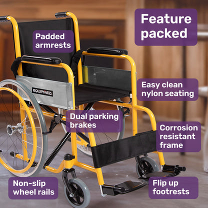 EQUIPMED Kids Paediatric Wheelchair, 100kg Rated, 110-140cm Rider Height, Quick Folding, Adjustable Footrests, 22" Wheels, Yellow
