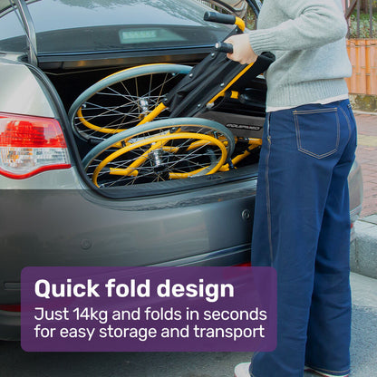 EQUIPMED Kids Paediatric Wheelchair, 100kg Rated, 110-140cm Rider Height, Quick Folding, Adjustable Footrests, 22" Wheels, Yellow