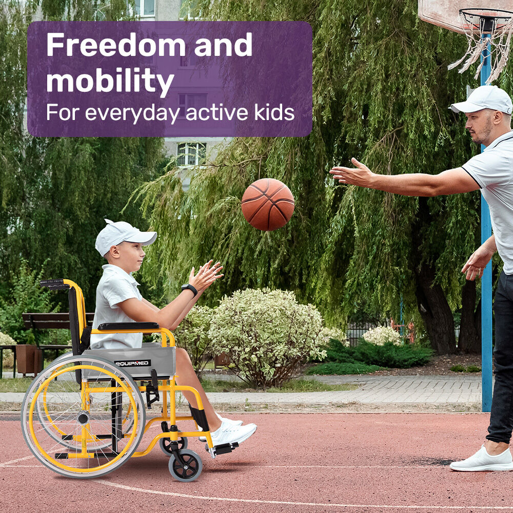 EQUIPMED Kids Paediatric Wheelchair, 100kg Rated, 110-140cm Rider Height, Quick Folding, Adjustable Footrests, 22" Wheels, Yellow