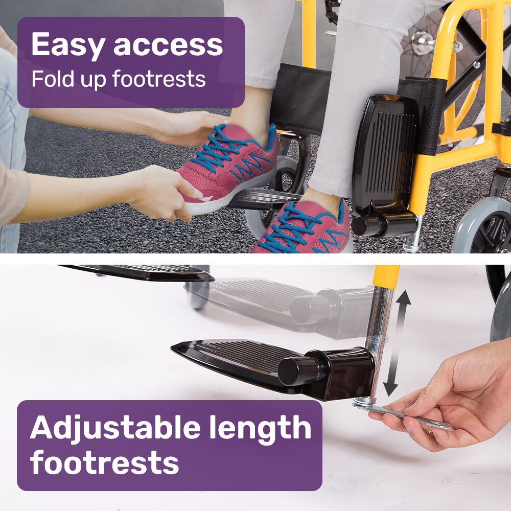 EQUIPMED Kids Paediatric Wheelchair, 100kg Rated, 110-140cm Rider Height, Quick Folding, Adjustable Footrests, 22" Wheels, Yellow