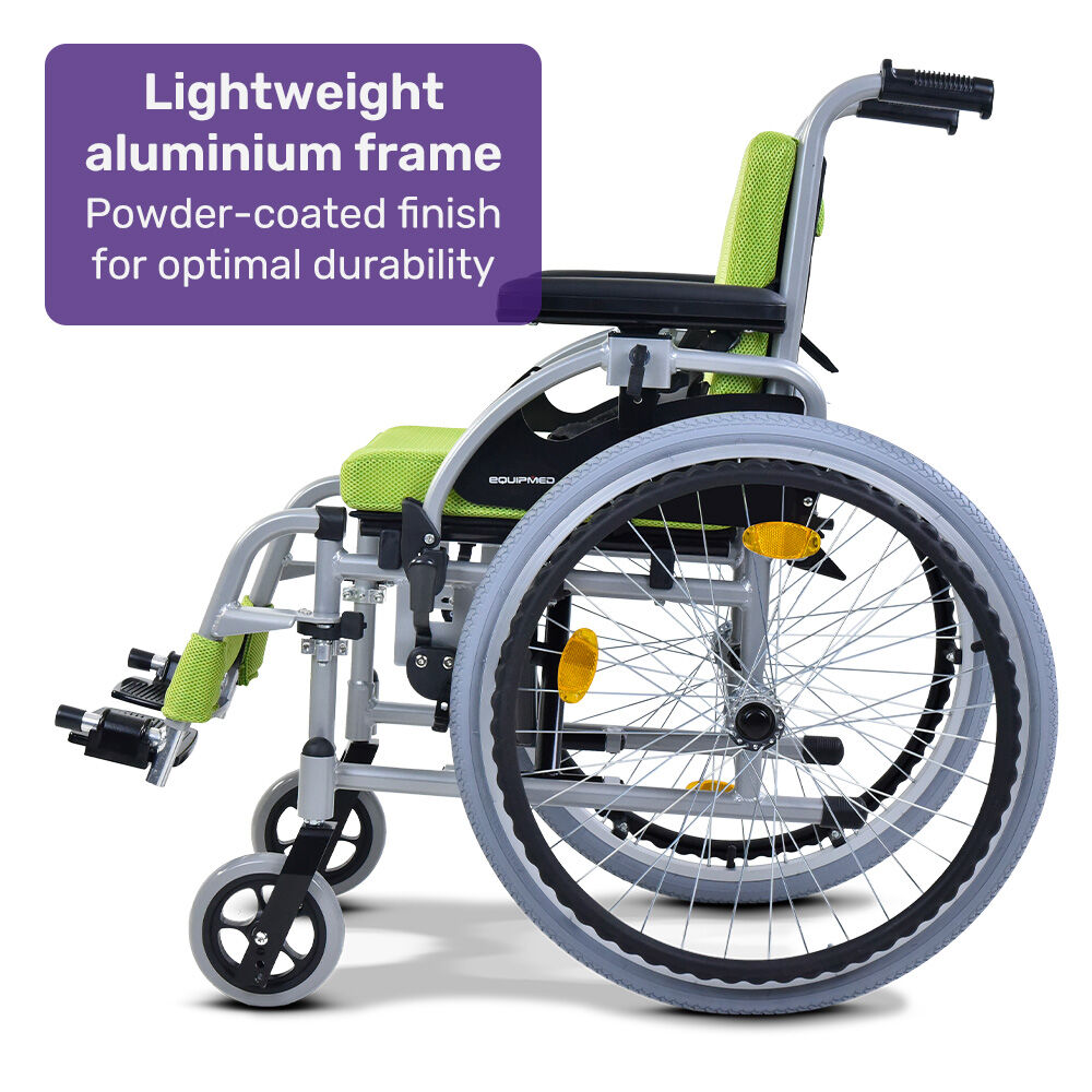 EQUIPMED Kids Premium Paediatric Wheelchair, Lightweight Aluminium, 22" Wheels, 75kg Rated, Green