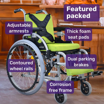 EQUIPMED Kids Premium Paediatric Wheelchair, Lightweight Aluminium, 22" Wheels, 75kg Rated, Green