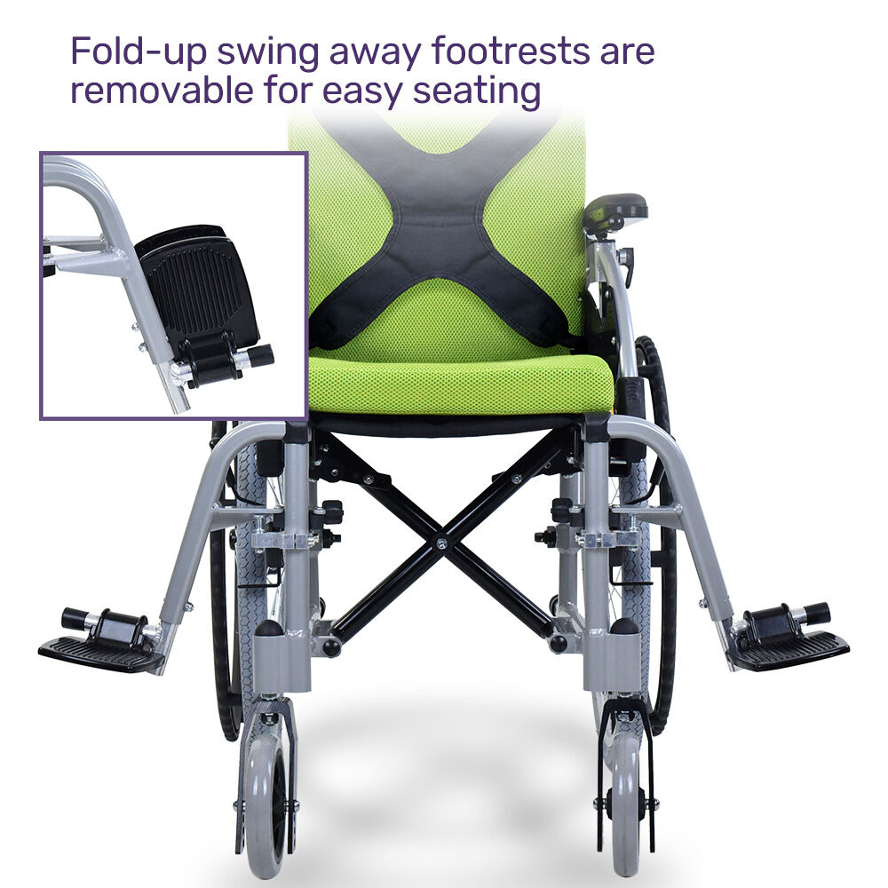 EQUIPMED Kids Premium Paediatric Wheelchair, Lightweight Aluminium, 22" Wheels, 75kg Rated, Green