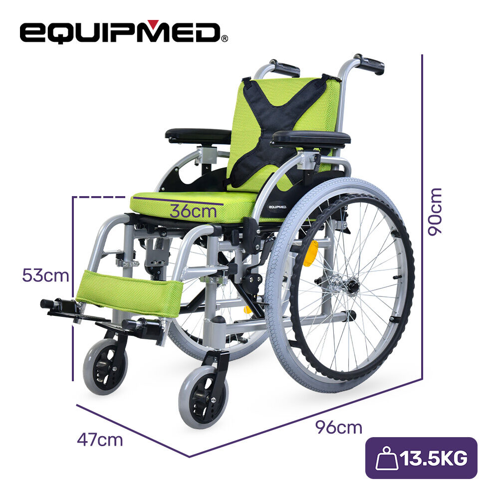 EQUIPMED Kids Premium Paediatric Wheelchair, Lightweight Aluminium, 22" Wheels, 75kg Rated, Green